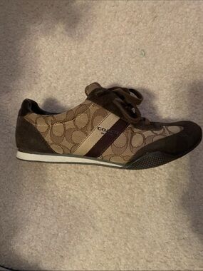 Coach Brown Signature Canvas Lace-Up Sneaker with Striped Accent